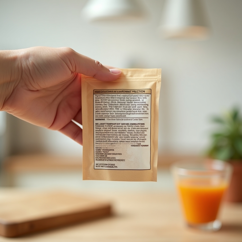 Primo piano di una scheda ingredienti analizzata con attenzione durante la verifica del prodotto