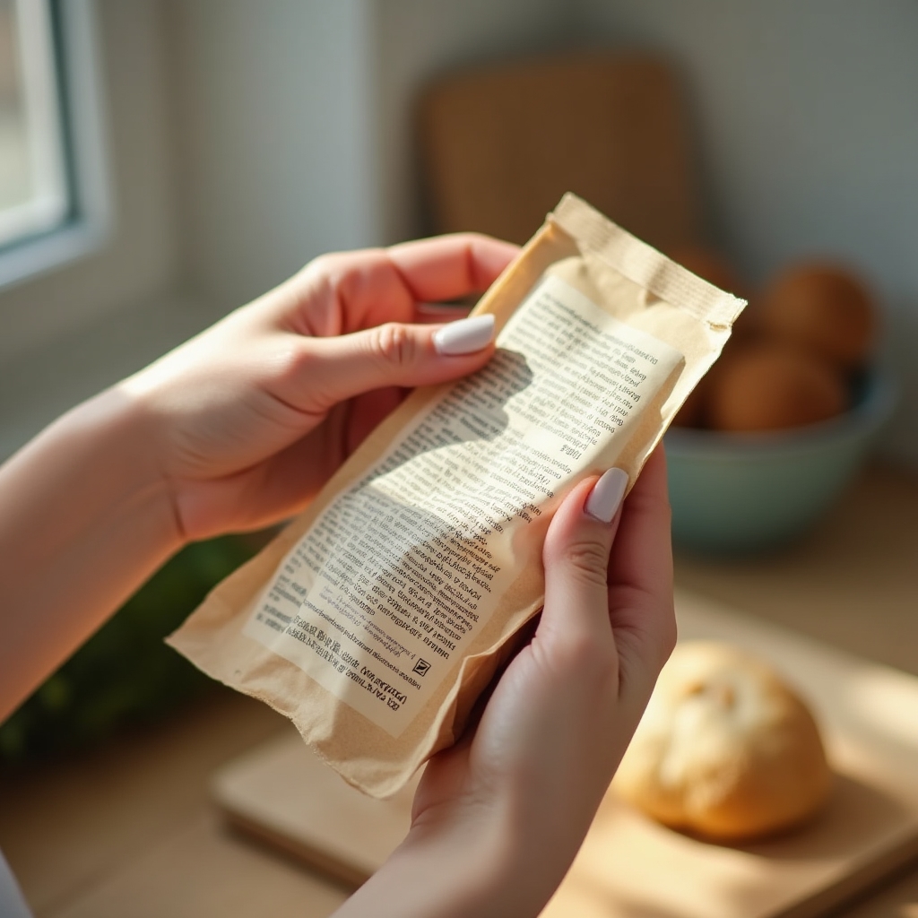 Primo piano di mani che scorrono la lista ingredienti di una confezione alimentare