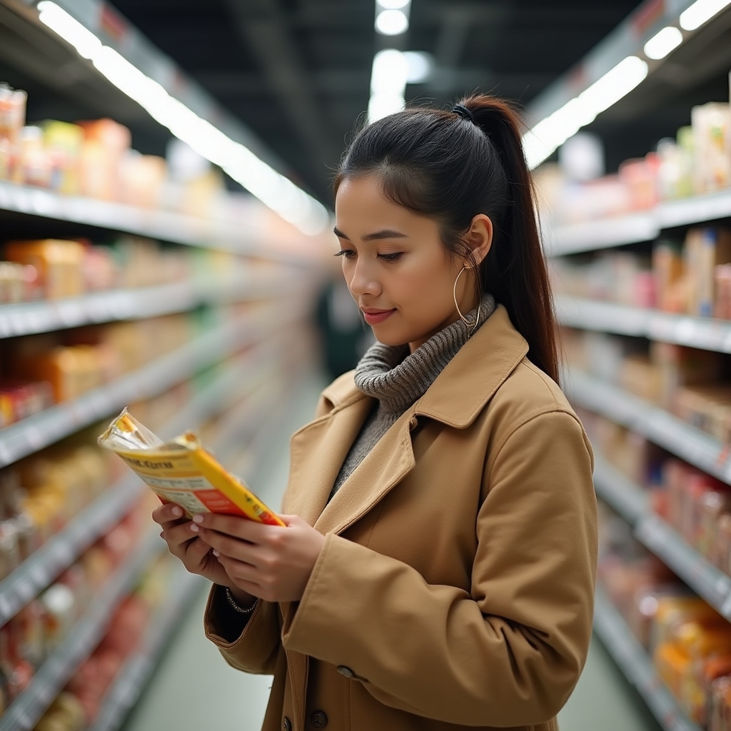 Persona che legge attentamente un'etichetta alimentare tra gli scaffali del supermercato