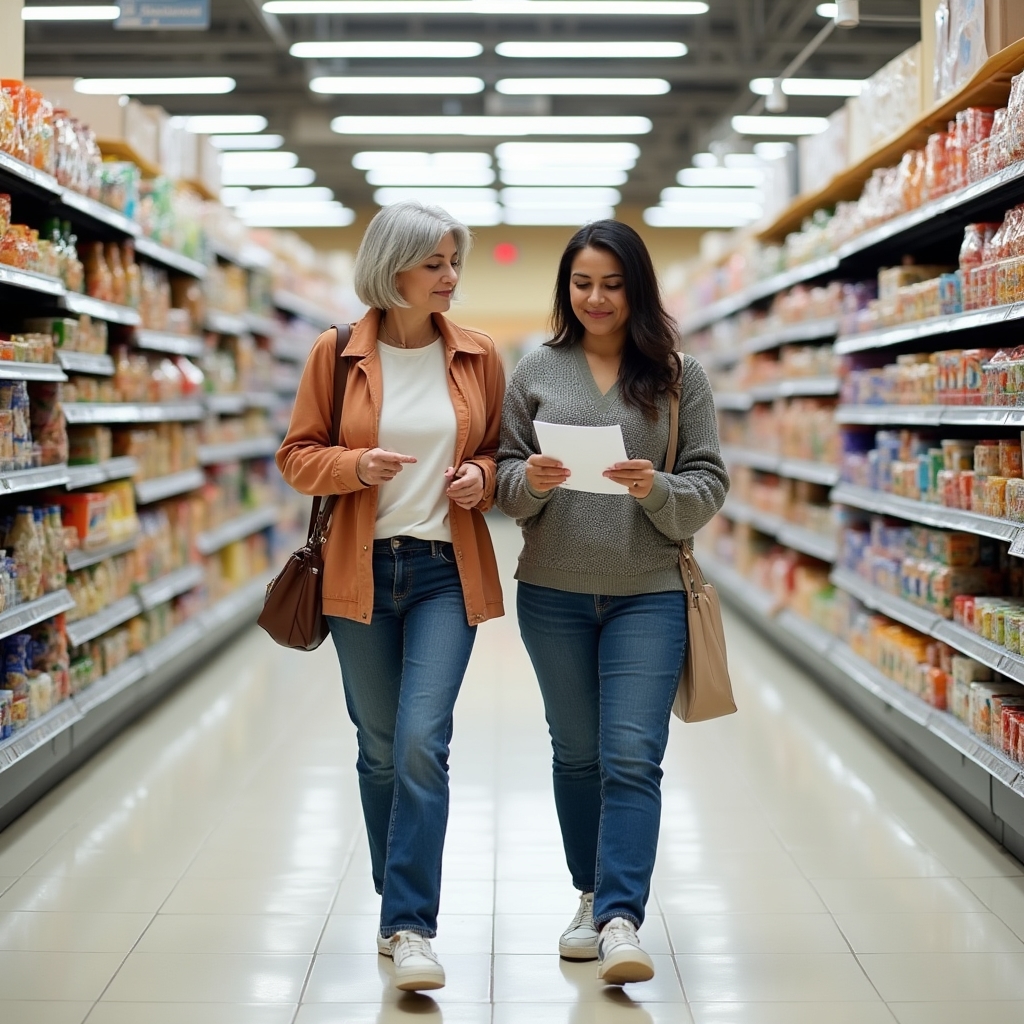 Personal shopper e cliente che confrontano un prodotto tra gli scaffali del supermercato